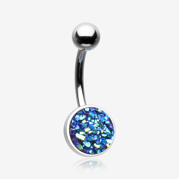 Iridescent Druzy Sparkle Steel Belly Button Ring-Blue